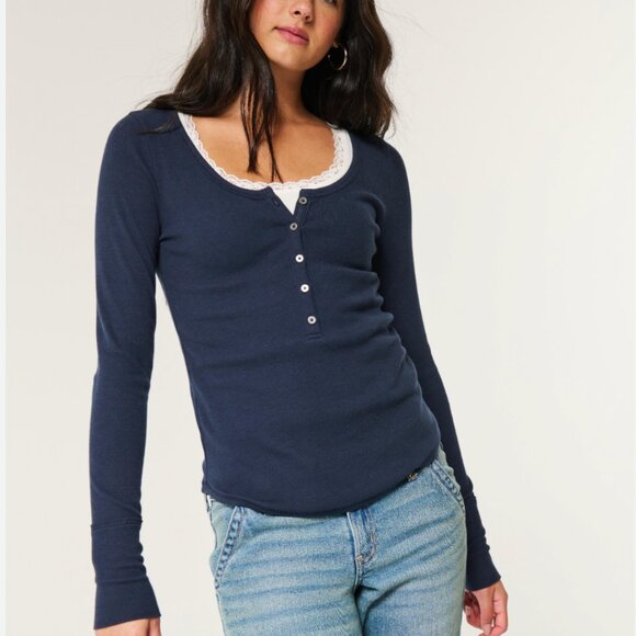 Hollister Ribbed Henley in Blue Long Sleeve Top - Picture 1 of 3